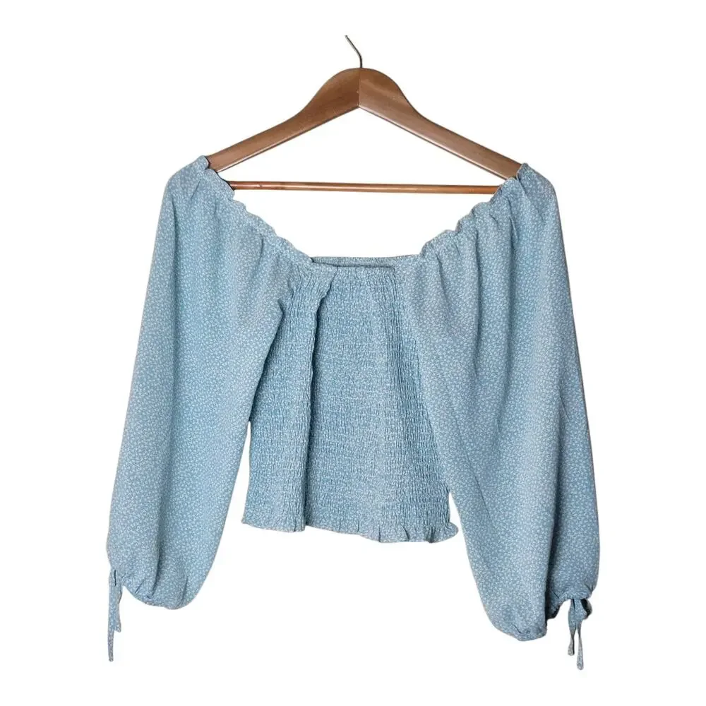 Harper & Me Cropped‎ Top Square Neck 3/4 Sleeve Blue Smocked Women's Size 12